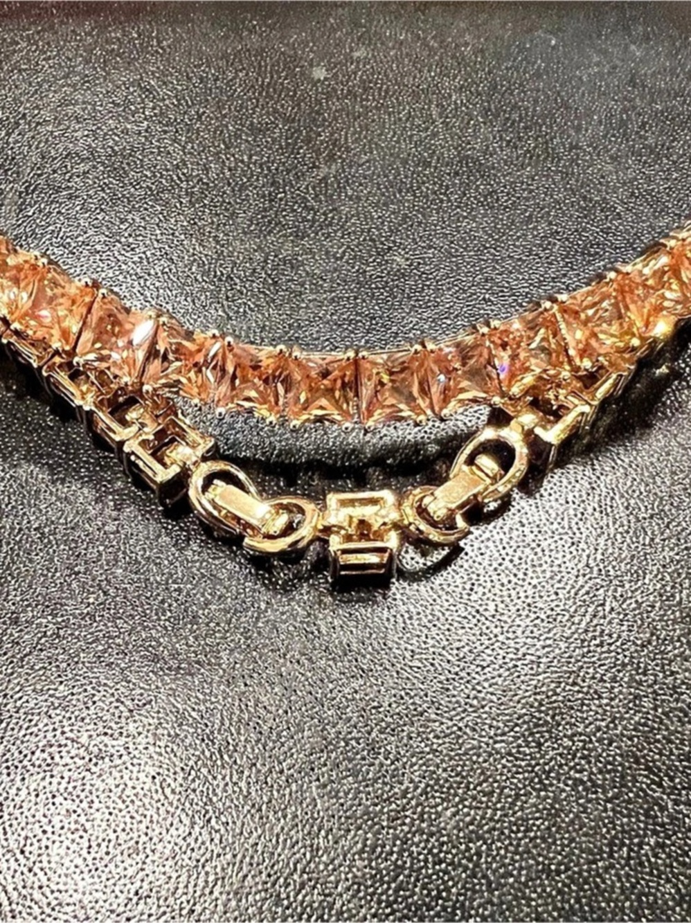 Gold Tone Tennis Link Bracelet Champagne Square Crystal Prong Set Box Clasp